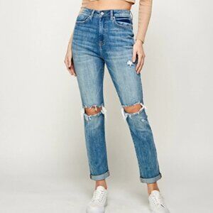 Women’s High Rise Light Wash Distressed Mom Denim Jeans